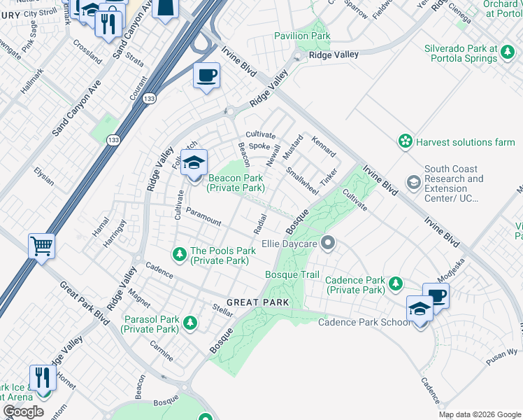 map of restaurants, bars, coffee shops, grocery stores, and more near 213 Radial in Irvine