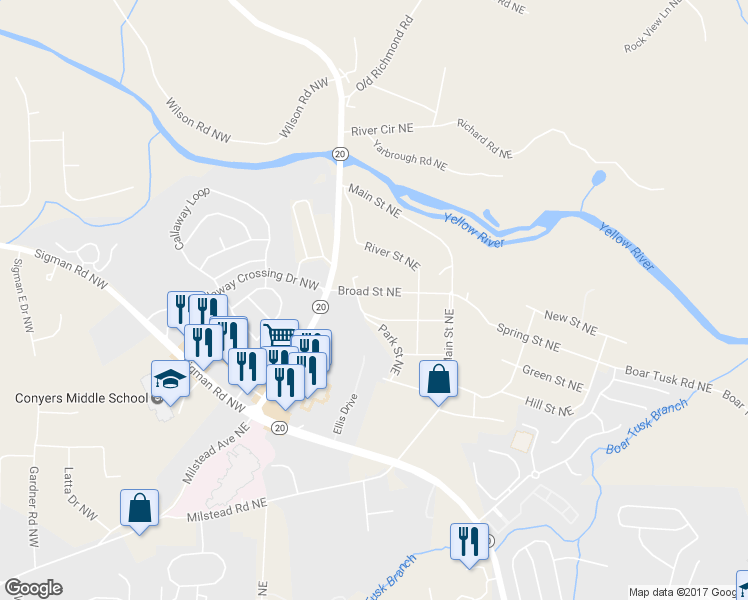 map of restaurants, bars, coffee shops, grocery stores, and more near 1543 Broad Street Northeast in Conyers
