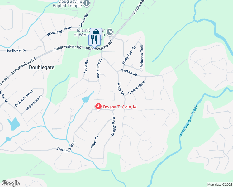 map of restaurants, bars, coffee shops, grocery stores, and more near 3681 Auger Trail in Douglasville