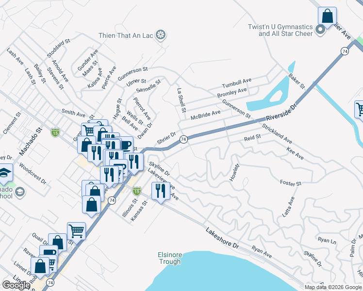 map of restaurants, bars, coffee shops, grocery stores, and more near 30527 Illinois Street in Lake Elsinore