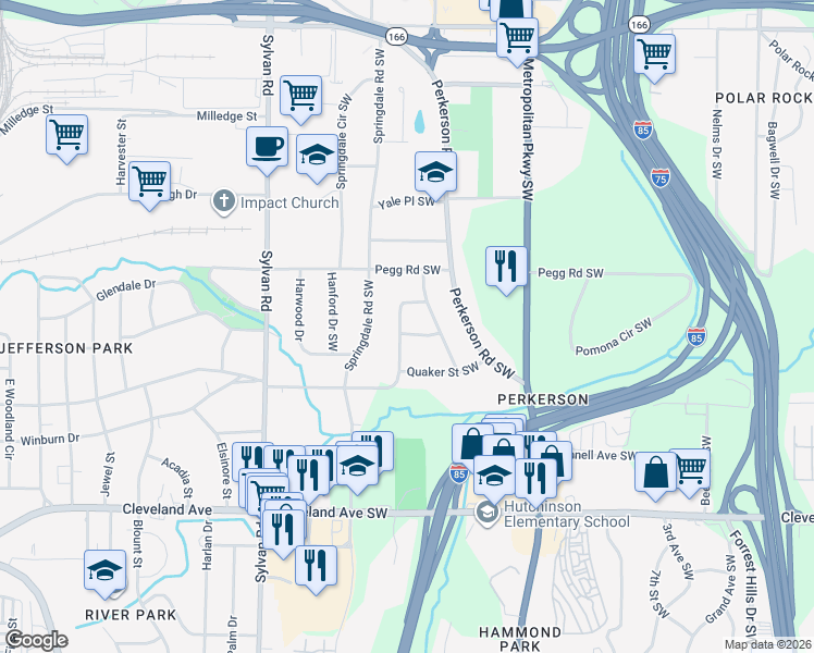 map of restaurants, bars, coffee shops, grocery stores, and more near 2468 Baxter Road Southwest in Atlanta