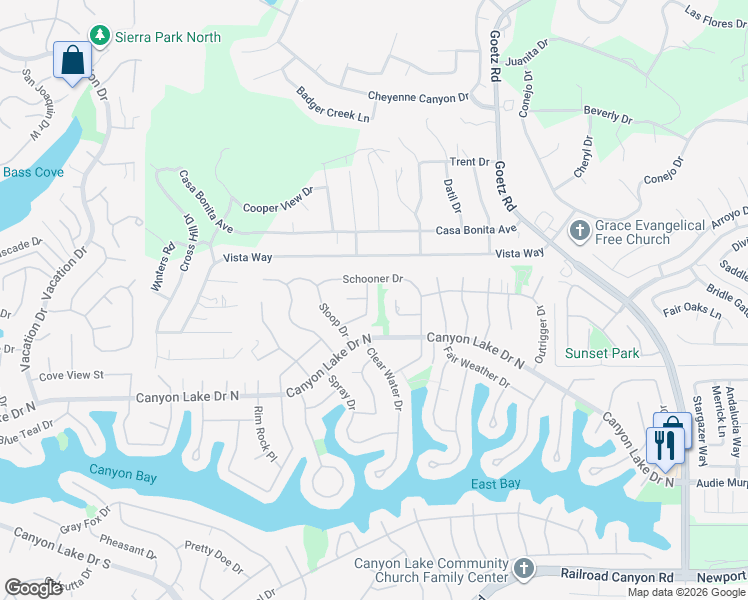 map of restaurants, bars, coffee shops, grocery stores, and more near 23619 Cutter Drive in Canyon Lake
