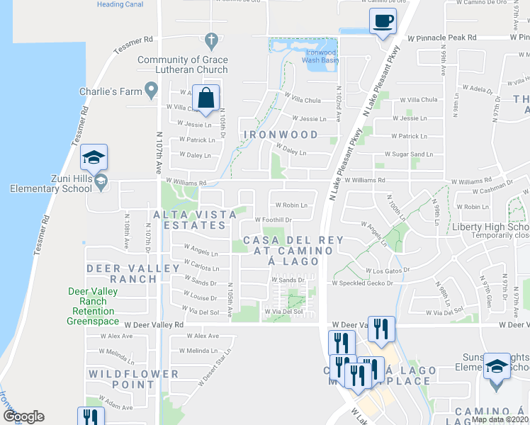 map of restaurants, bars, coffee shops, grocery stores, and more near 10411 West Foothill Drive in Peoria