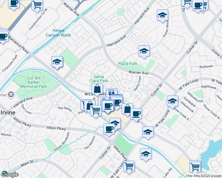 map of restaurants, bars, coffee shops, grocery stores, and more near 1400 Solvay Aisle in Irvine