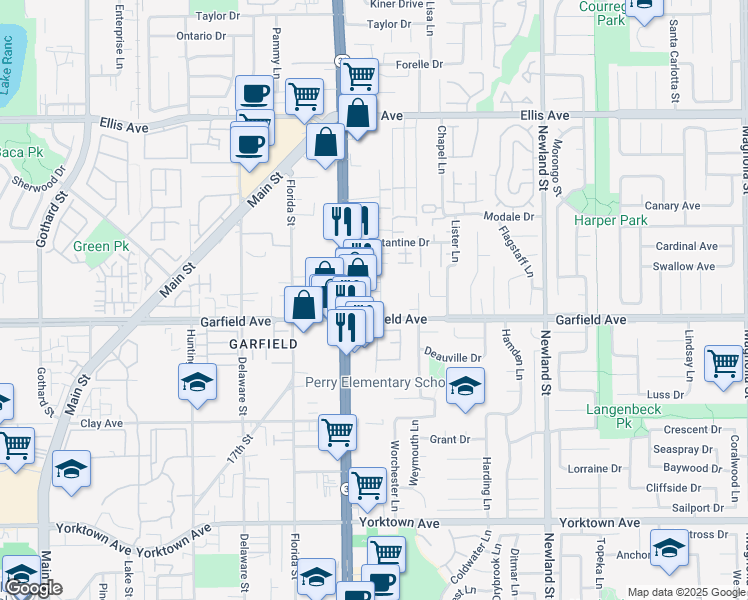 map of restaurants, bars, coffee shops, grocery stores, and more near 18982 Valley Circle in Huntington Beach