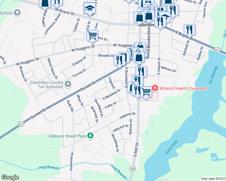 map of restaurants, bars, coffee shops, grocery stores, and more near 204 South Meadow Drive in Manning