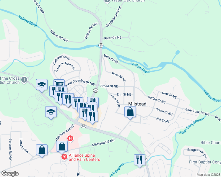 map of restaurants, bars, coffee shops, grocery stores, and more near 1543 Broad Street Northeast in Conyers