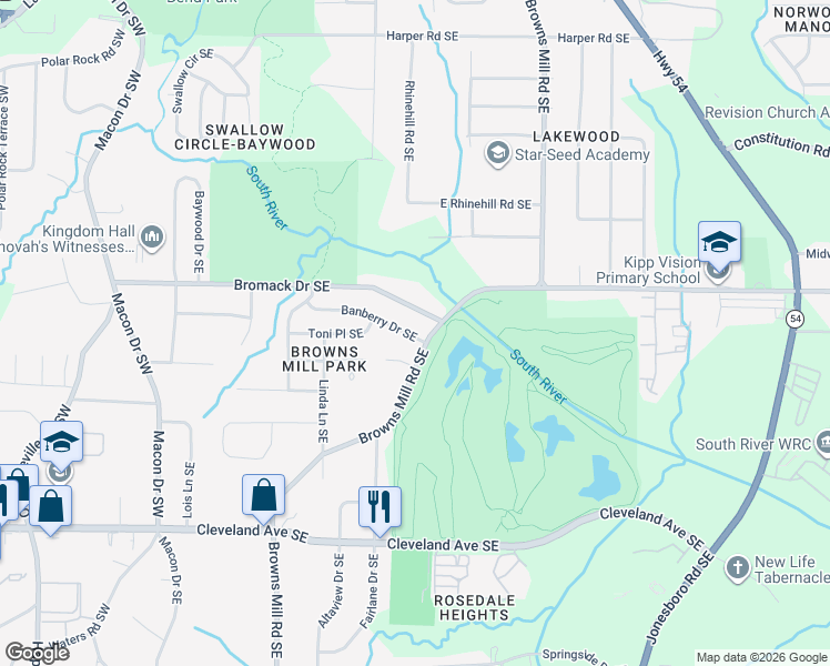 map of restaurants, bars, coffee shops, grocery stores, and more near 311 Banberry Drive Southeast in Atlanta