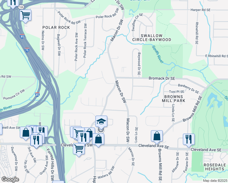 map of restaurants, bars, coffee shops, grocery stores, and more near 25 Bromack Drive Southeast in Atlanta