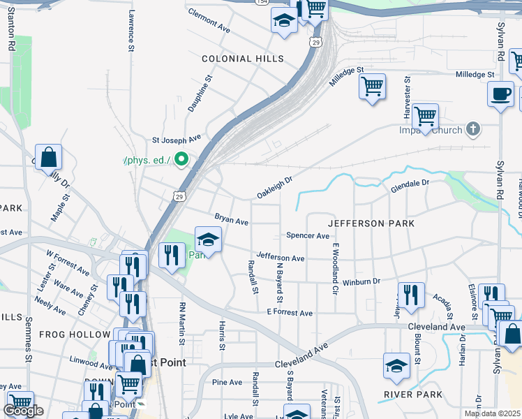 map of restaurants, bars, coffee shops, grocery stores, and more near 1365 Bryan Avenue in East Point