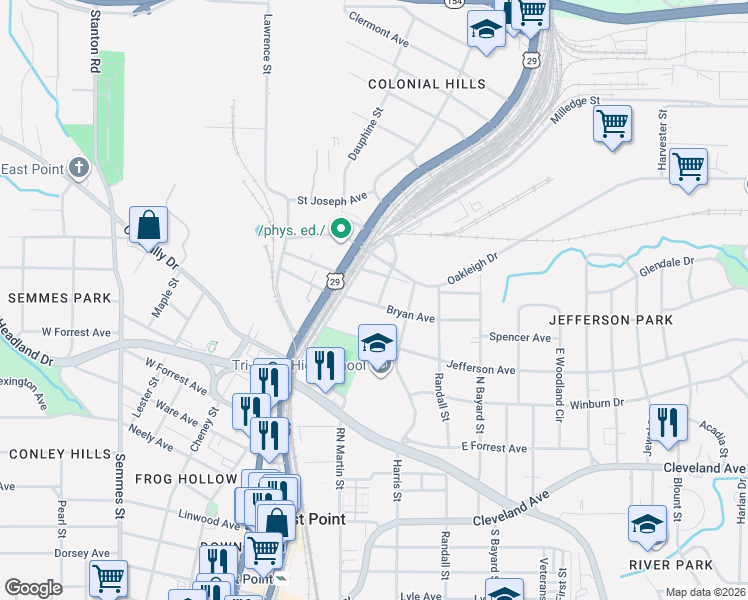 map of restaurants, bars, coffee shops, grocery stores, and more near 1458 Bryan Avenue in East Point