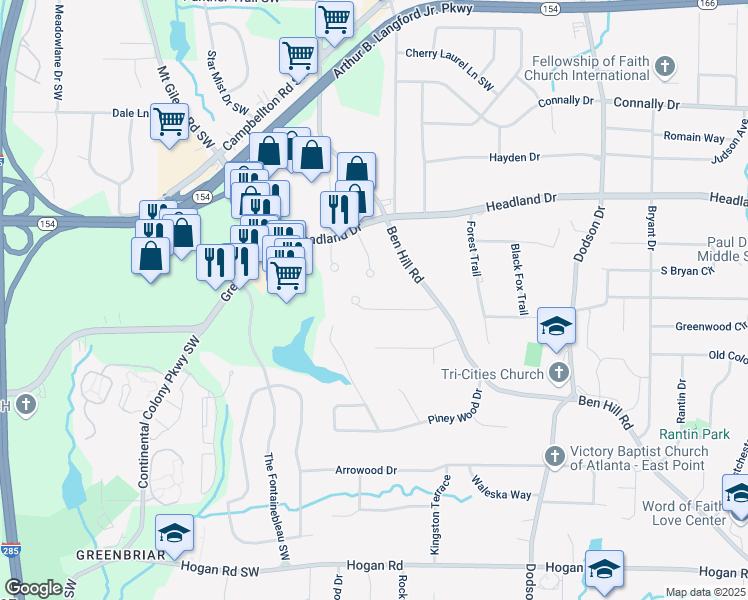 map of restaurants, bars, coffee shops, grocery stores, and more near 2925 Heather Drive in East Point