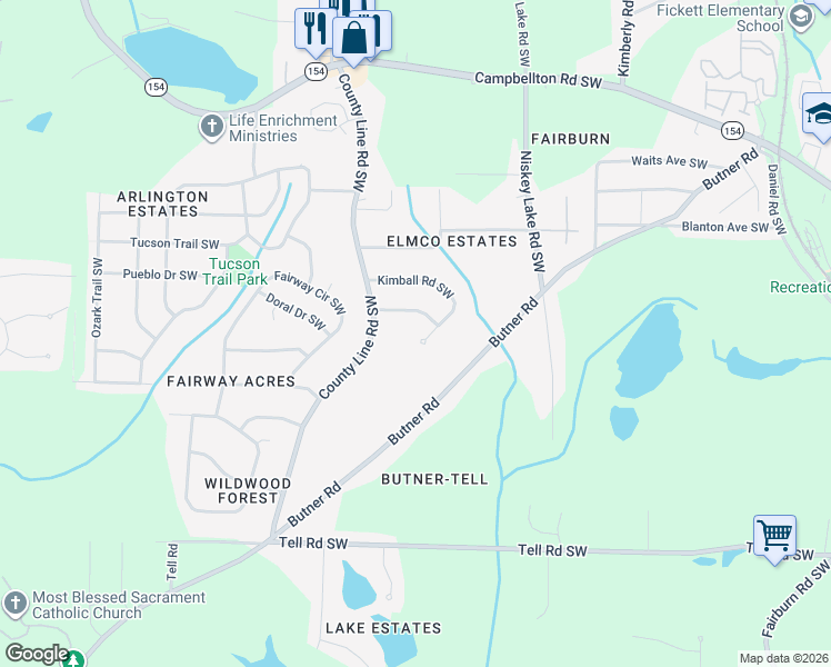 map of restaurants, bars, coffee shops, grocery stores, and more near 4268 Kimball Road Southwest in Atlanta