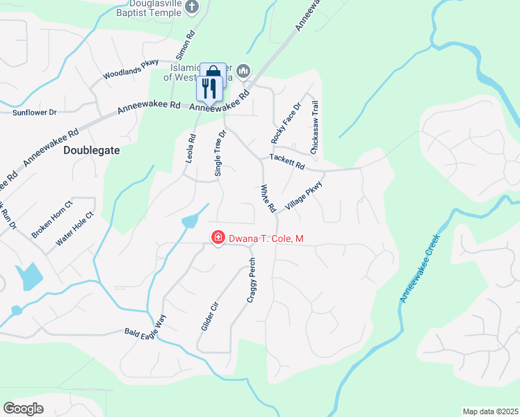 map of restaurants, bars, coffee shops, grocery stores, and more near 3681 Auger Trail in Douglasville
