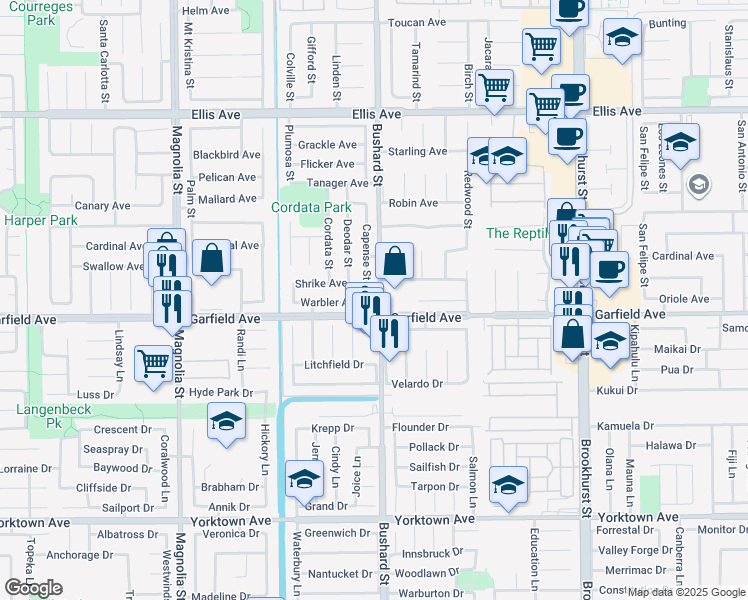map of restaurants, bars, coffee shops, grocery stores, and more near 9486 Warbler Avenue in Fountain Valley