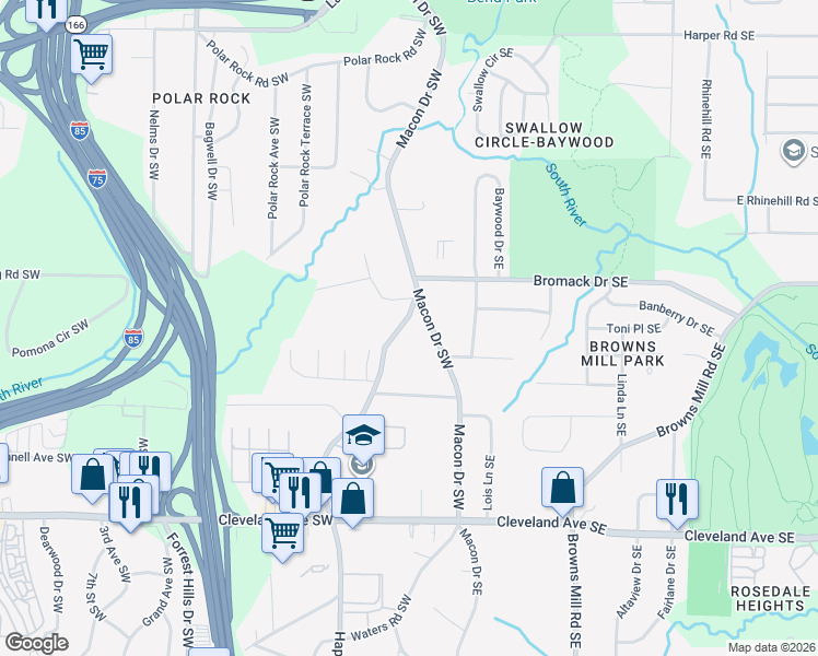 map of restaurants, bars, coffee shops, grocery stores, and more near 25 Bromack Drive Southeast in Atlanta