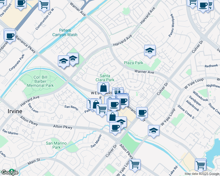 map of restaurants, bars, coffee shops, grocery stores, and more near 2103 Ladrillo Aisle in Irvine