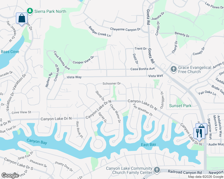 map of restaurants, bars, coffee shops, grocery stores, and more near 23619 Cutter Drive in Canyon Lake