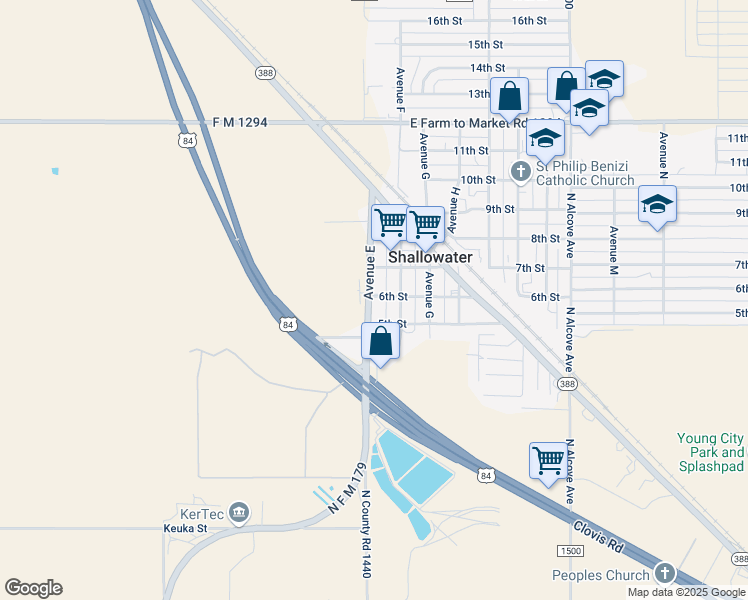 map of restaurants, bars, coffee shops, grocery stores, and more near 501-599 Avenue F in Shallowater