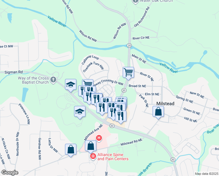 map of restaurants, bars, coffee shops, grocery stores, and more near 121 Hawkeye Lane Northwest in Conyers