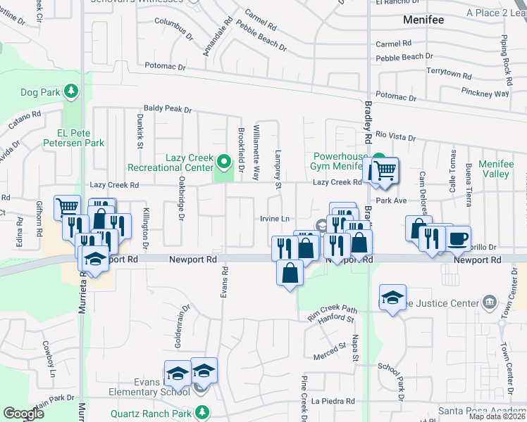 map of restaurants, bars, coffee shops, grocery stores, and more near 29851 Fox Creek Drive in Menifee