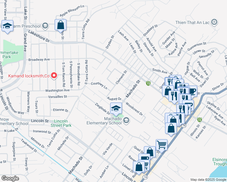 map of restaurants, bars, coffee shops, grocery stores, and more near 31408 Clement Street in Lake Elsinore