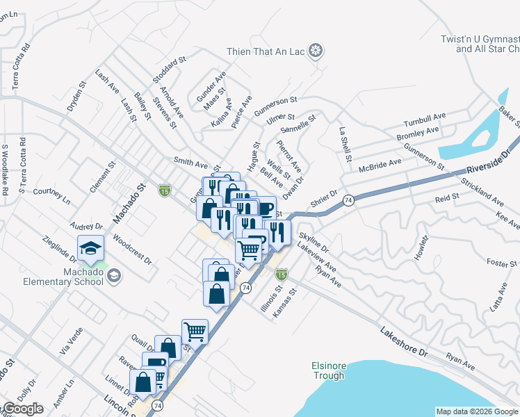 map of restaurants, bars, coffee shops, grocery stores, and more near Hunt Avenue in Lake Elsinore