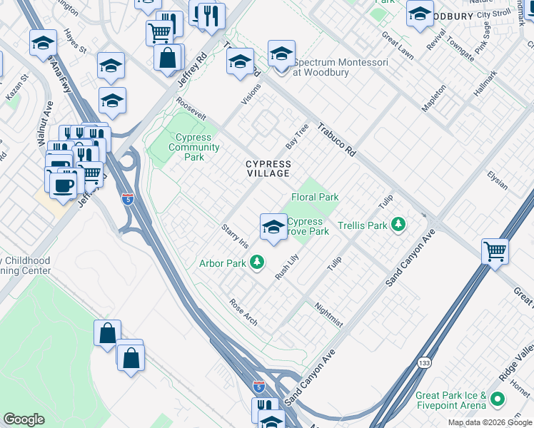 map of restaurants, bars, coffee shops, grocery stores, and more near 118 Chestnut Grove in Irvine