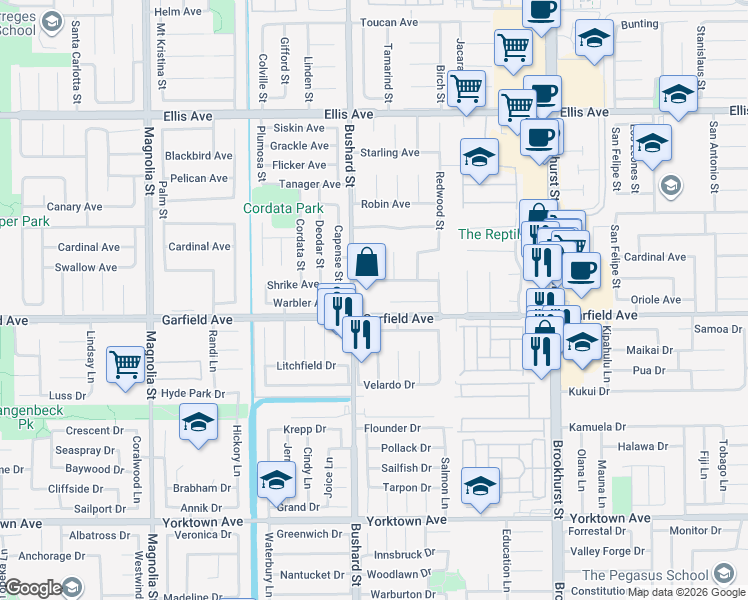 map of restaurants, bars, coffee shops, grocery stores, and more near 9588 Shimizu River Circle in Fountain Valley