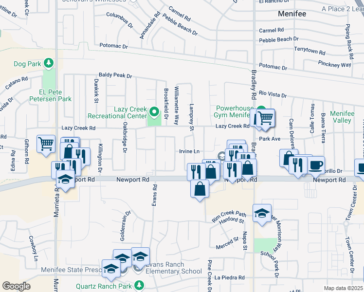 map of restaurants, bars, coffee shops, grocery stores, and more near 29851 Fox Creek Drive in Menifee