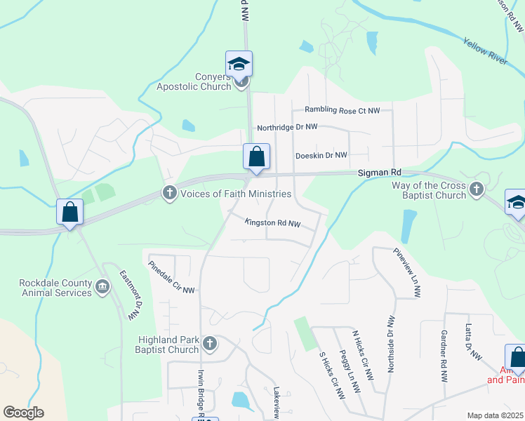 map of restaurants, bars, coffee shops, grocery stores, and more near 1611 Wesley Way Northwest in Conyers