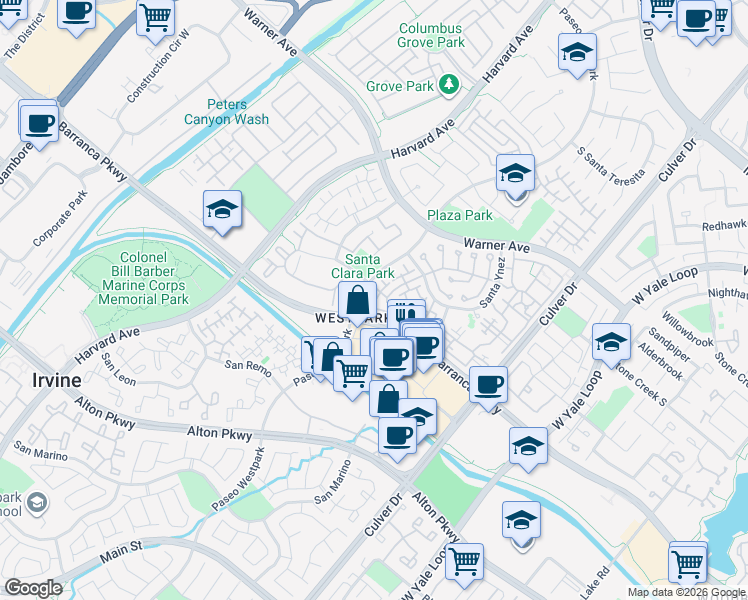 map of restaurants, bars, coffee shops, grocery stores, and more near 2201 Ladrillo Aisle in Irvine