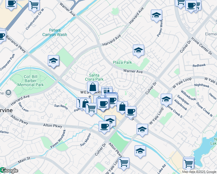 map of restaurants, bars, coffee shops, grocery stores, and more near 3406 Ladrillo Aisle in Irvine