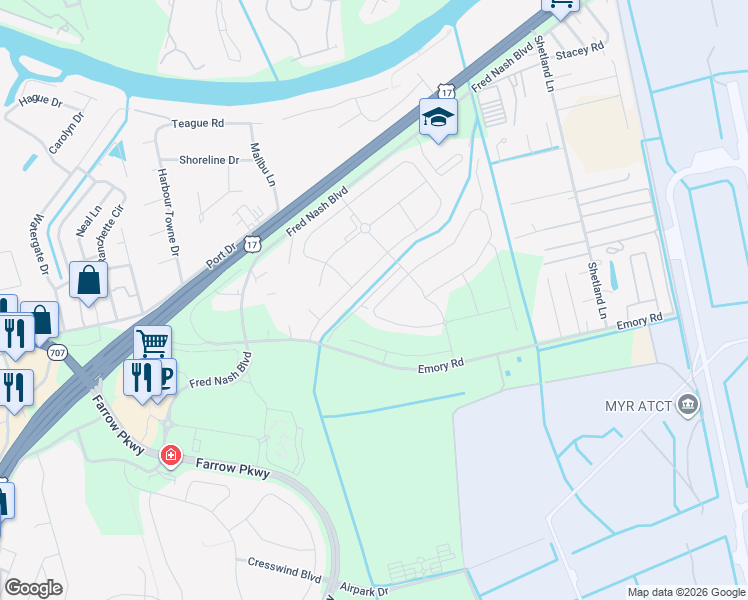 map of restaurants, bars, coffee shops, grocery stores, and more near 2606 Orion Loop in Myrtle Beach