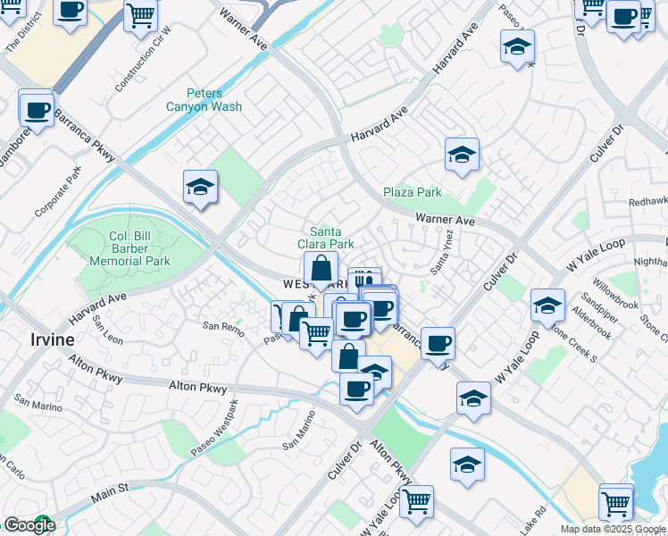 map of restaurants, bars, coffee shops, grocery stores, and more near 2003 Ladrillo Aisle in Irvine