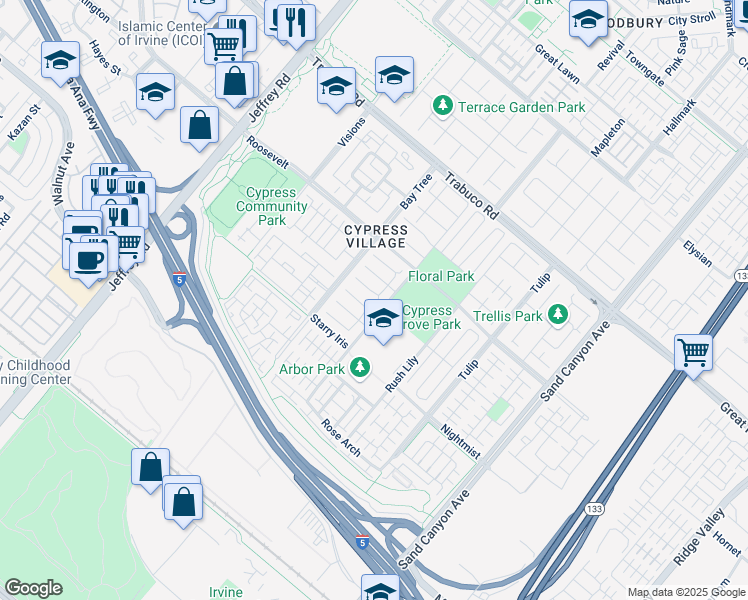 map of restaurants, bars, coffee shops, grocery stores, and more near 118 Chestnut Grove in Irvine