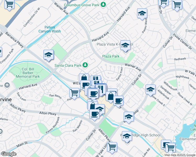 map of restaurants, bars, coffee shops, grocery stores, and more near 3406 Ladrillo Aisle in Irvine
