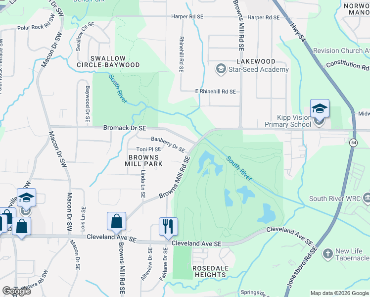map of restaurants, bars, coffee shops, grocery stores, and more near 324 Banberry Drive Southeast in Atlanta