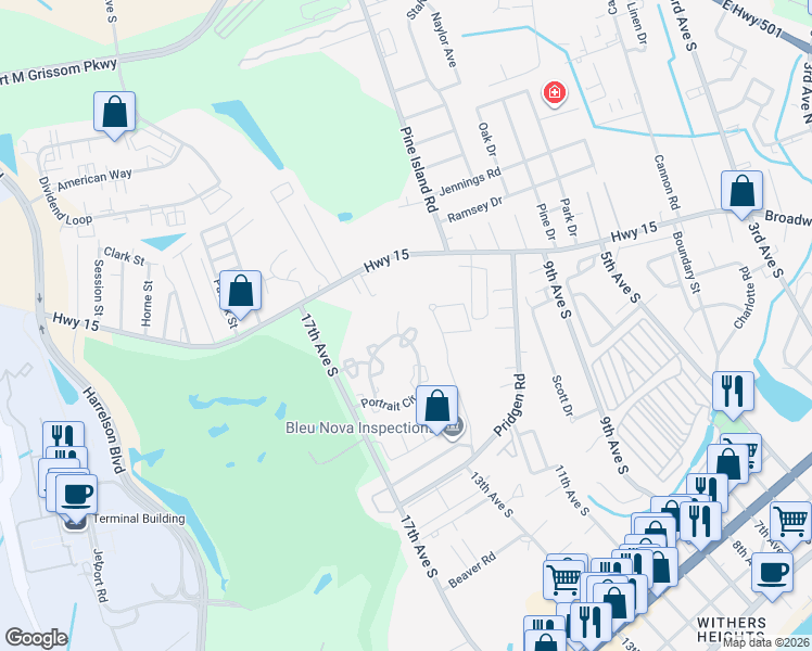 map of restaurants, bars, coffee shops, grocery stores, and more near 1021 Penny Lane in Myrtle Beach