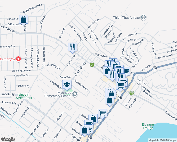 map of restaurants, bars, coffee shops, grocery stores, and more near 16490 Bristlecone Street in Lake Elsinore