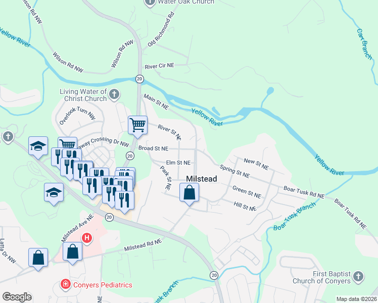 map of restaurants, bars, coffee shops, grocery stores, and more near 1634 Elm Street Northeast in Conyers