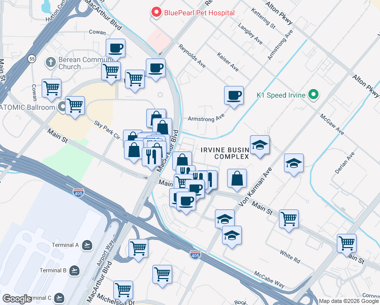 map of restaurants, bars, coffee shops, grocery stores, and more near 158 Placemark in Irvine