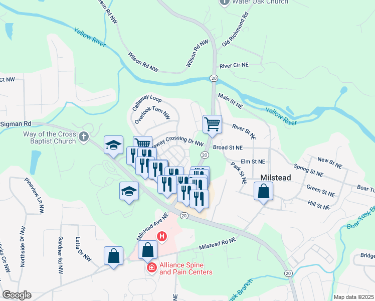 map of restaurants, bars, coffee shops, grocery stores, and more near 215 Odyssey Turn Northwest in Conyers