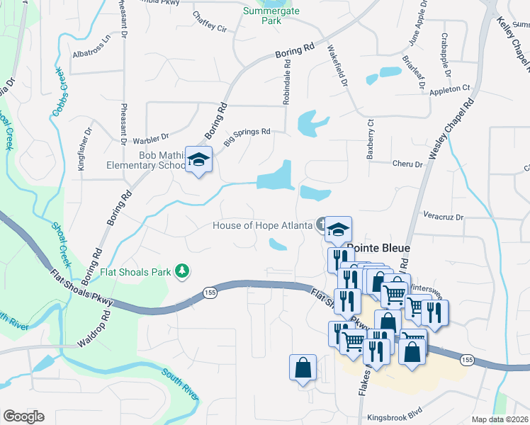 map of restaurants, bars, coffee shops, grocery stores, and more near 3691 Idle Creek Drive in Decatur