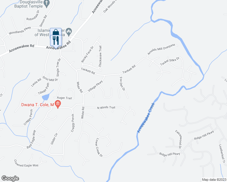 map of restaurants, bars, coffee shops, grocery stores, and more near 4335 Caroline Court in Douglasville