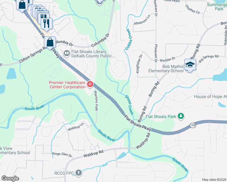 map of restaurants, bars, coffee shops, grocery stores, and more near 4226 Flat Shoals Parkway in Decatur