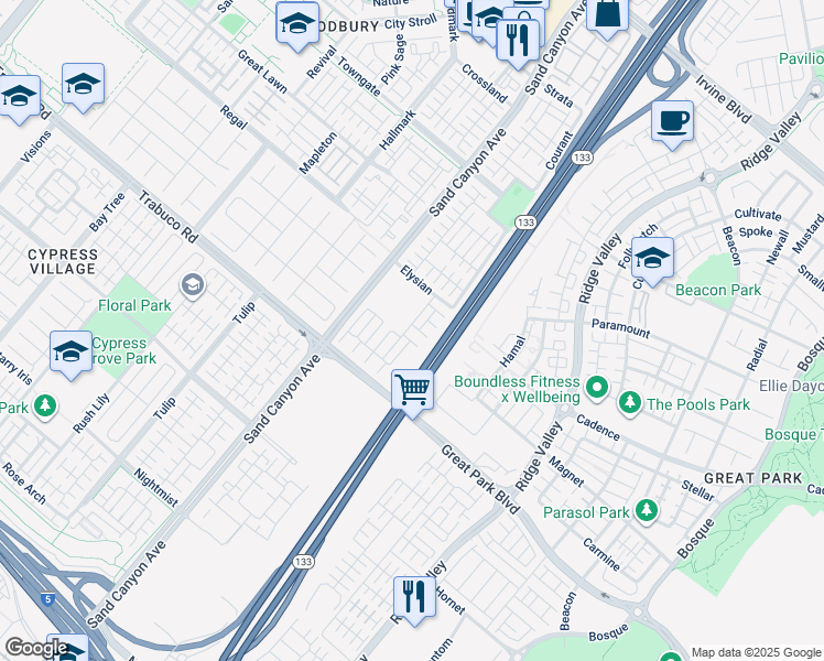 map of restaurants, bars, coffee shops, grocery stores, and more near 70 Hedge Bloom in Irvine