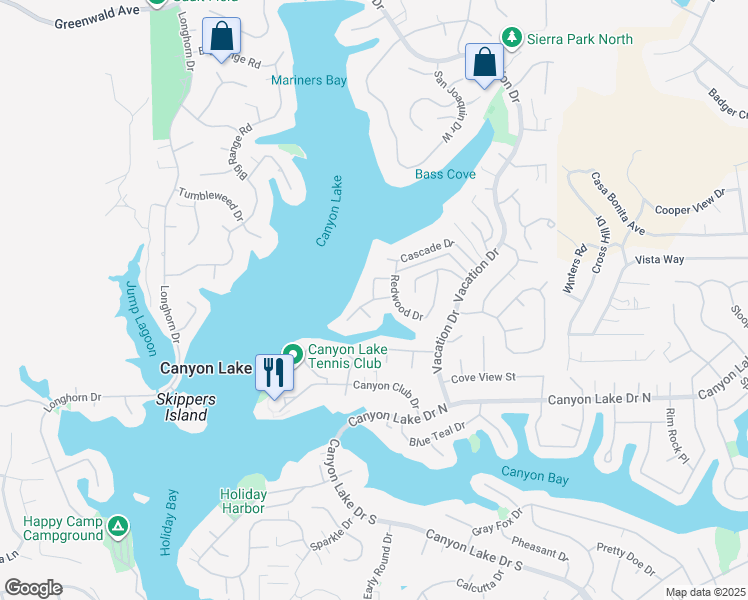 map of restaurants, bars, coffee shops, grocery stores, and more near 22477 Boating Way in Canyon Lake