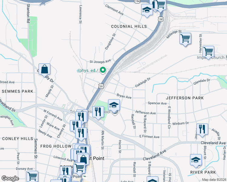map of restaurants, bars, coffee shops, grocery stores, and more near 1455 Bryan Avenue in Atlanta