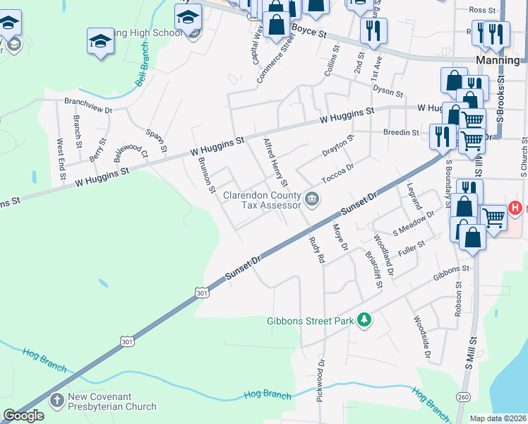 map of restaurants, bars, coffee shops, grocery stores, and more near 13 J K Breedins in Manning
